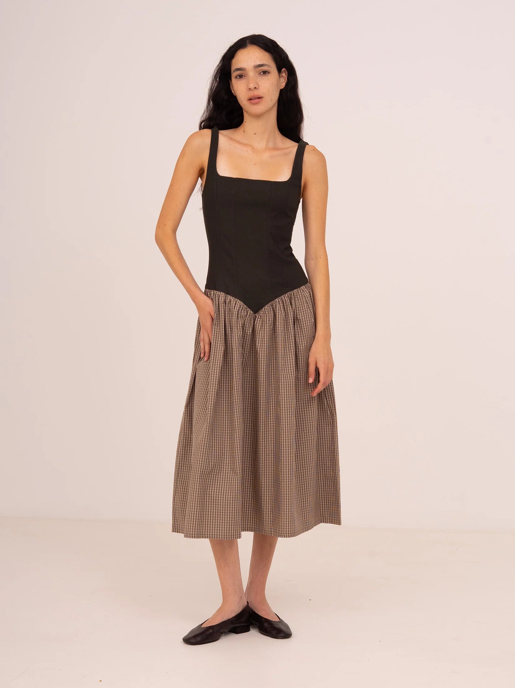 ROVE BROWN PLAID MIDI DRESS