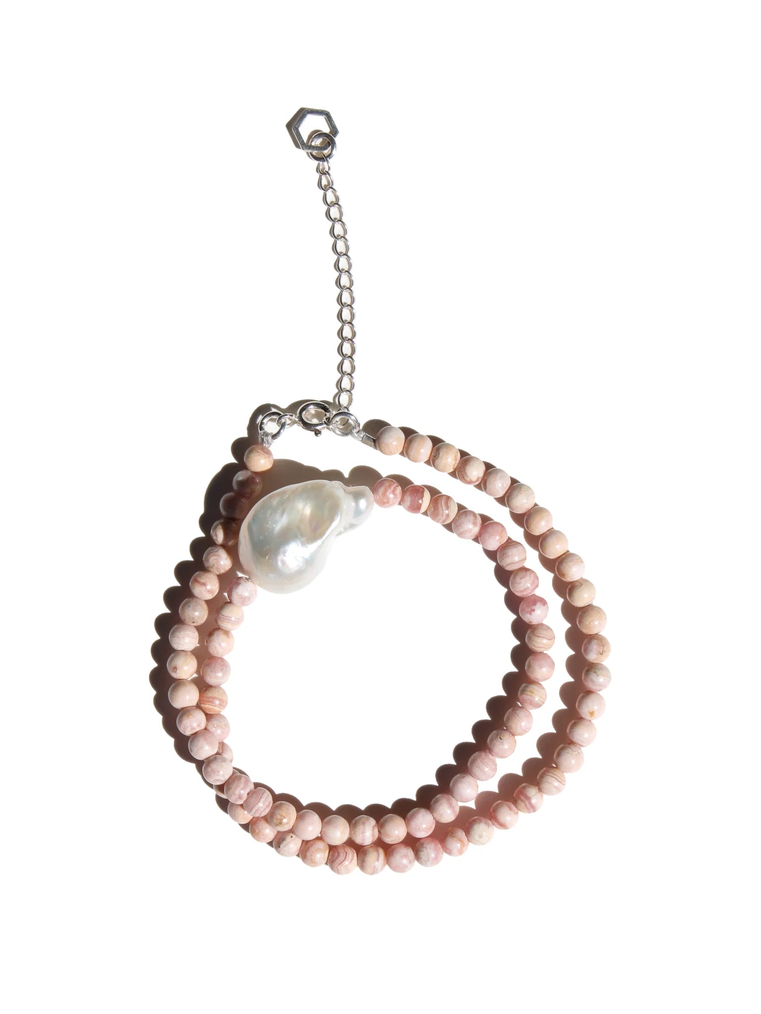 STONE NECKLACE - RHODOCROSITE WITH BAROQUE PEARL